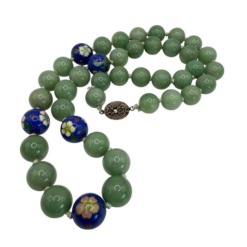 Vintage Chinese Jade & Cloisonné Bead Necklace 24" Nephrite Green Floral Accents - Picture 5 of 12
